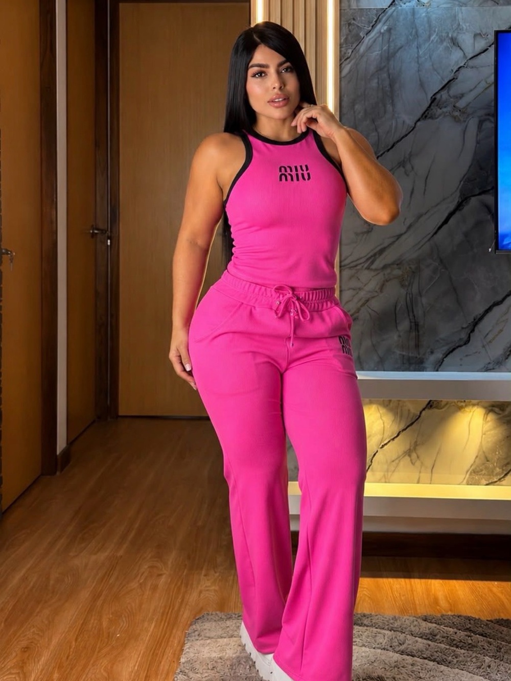 Women’s Pink Ribbed Tank & Drawstring Lounge Pants Set size S